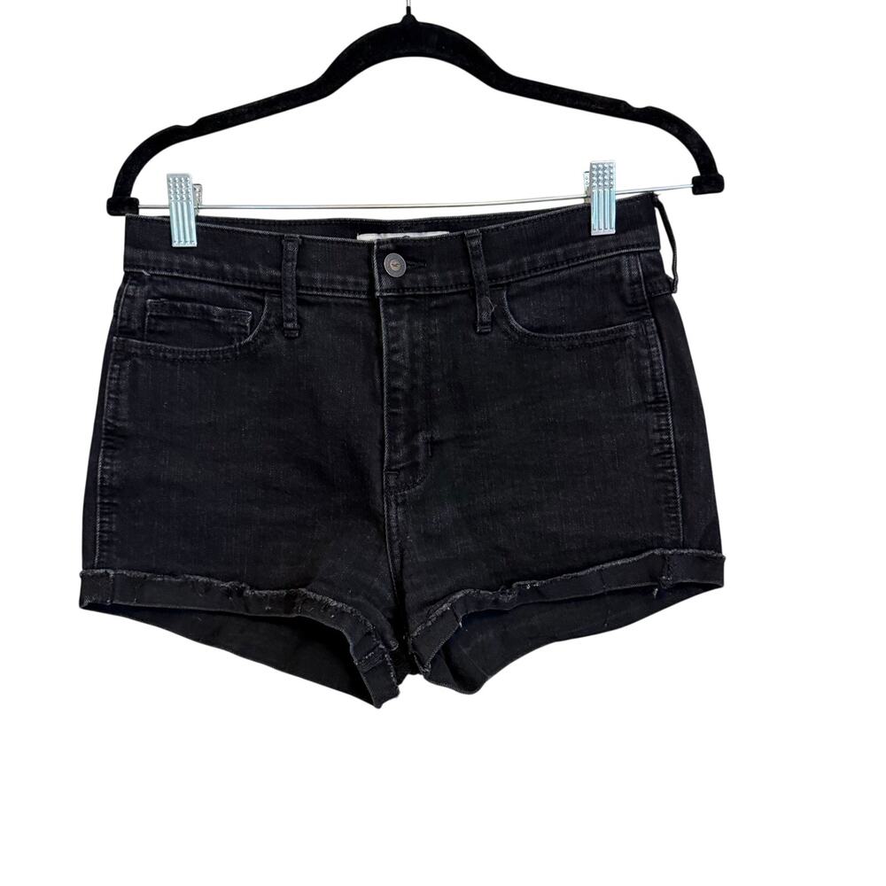 Hollister Black Denim Shorts Size 7 W28 High Rise Raw Hem Stretch Casual Summer